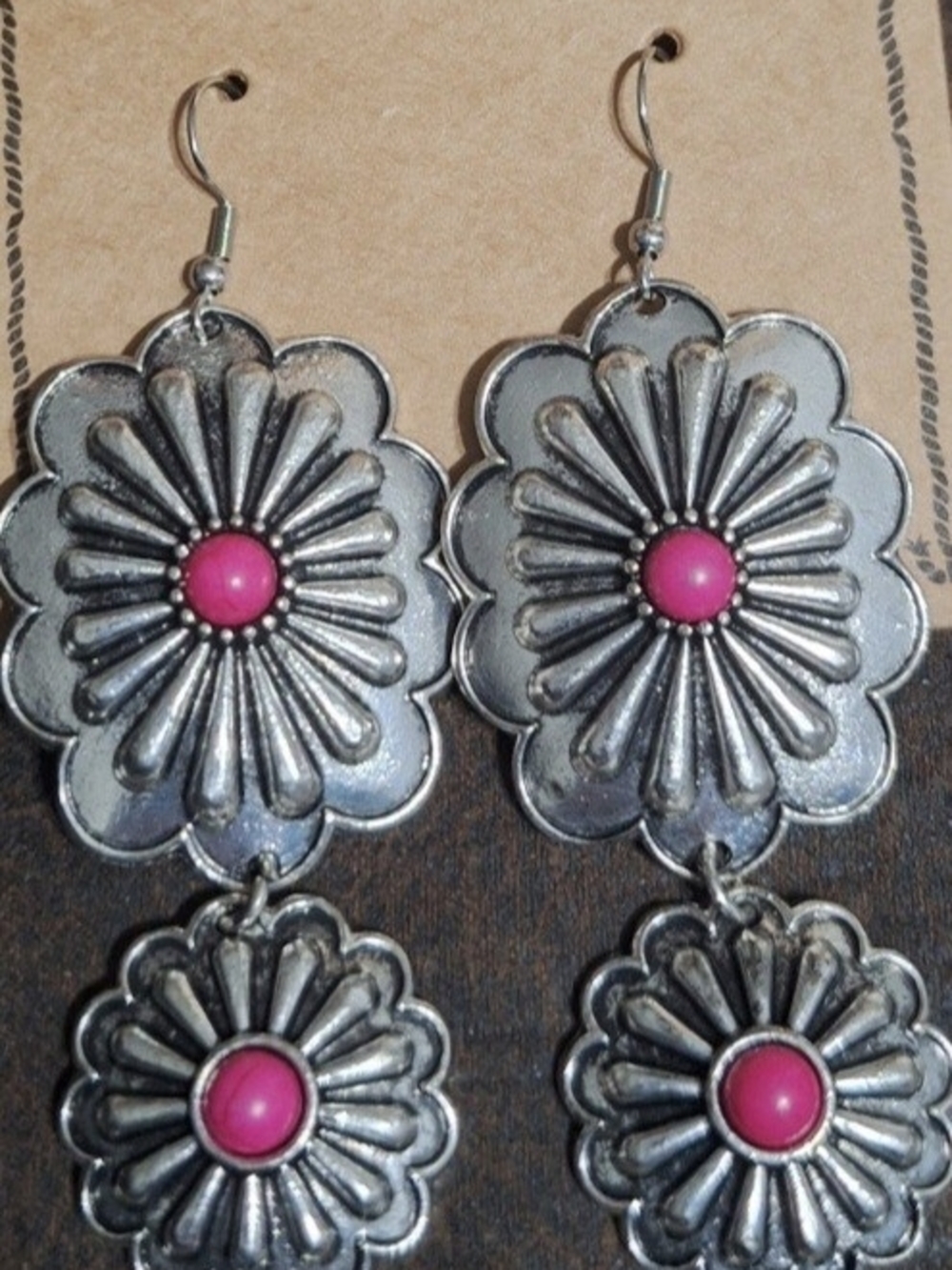 Wrangler Silver Floral Dangle Earrings with Pink Centers